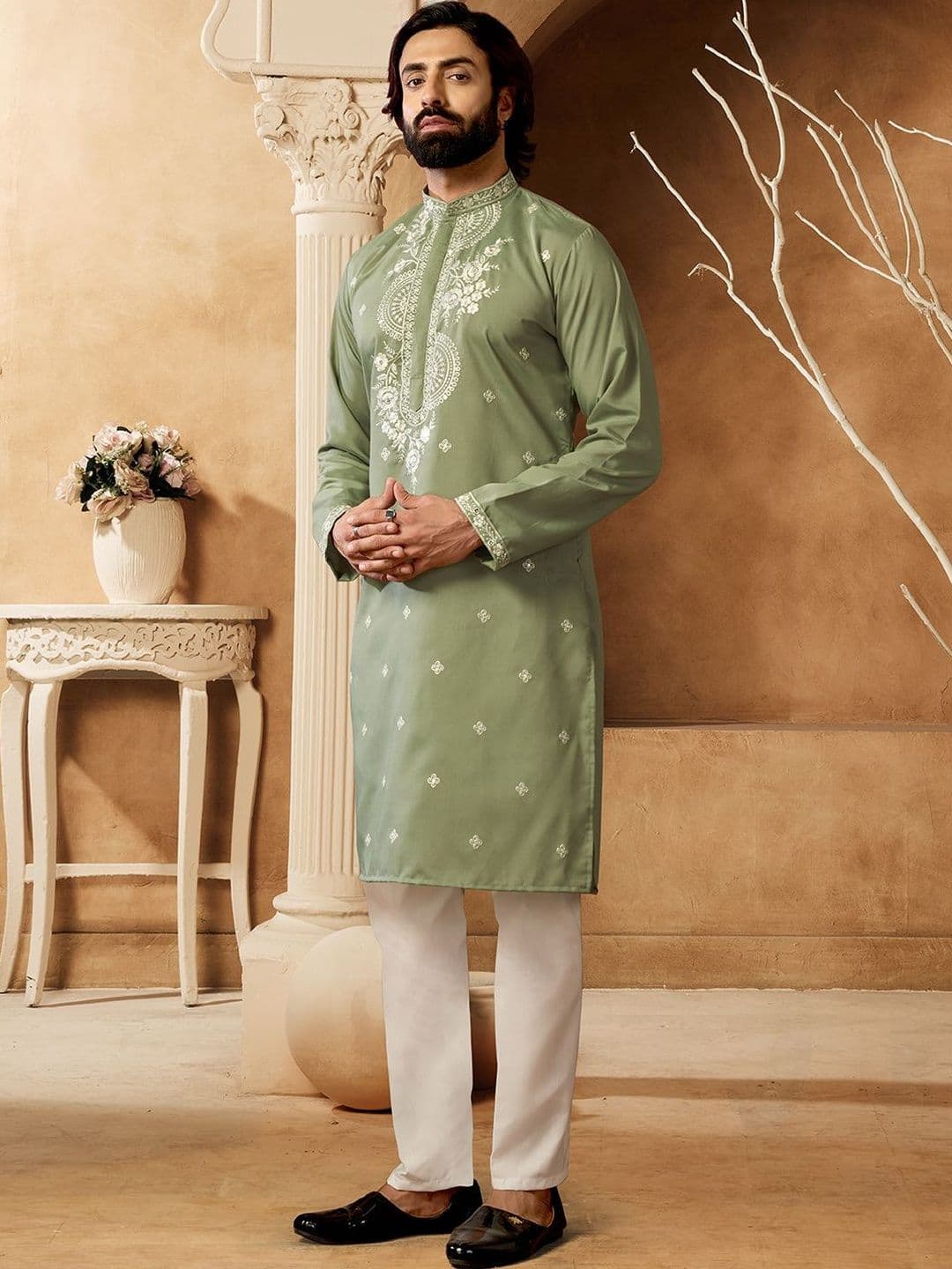 House of Pataudi Embroidered Cotton Mandarin Collar Calf Length Straight Kurtas - view 1