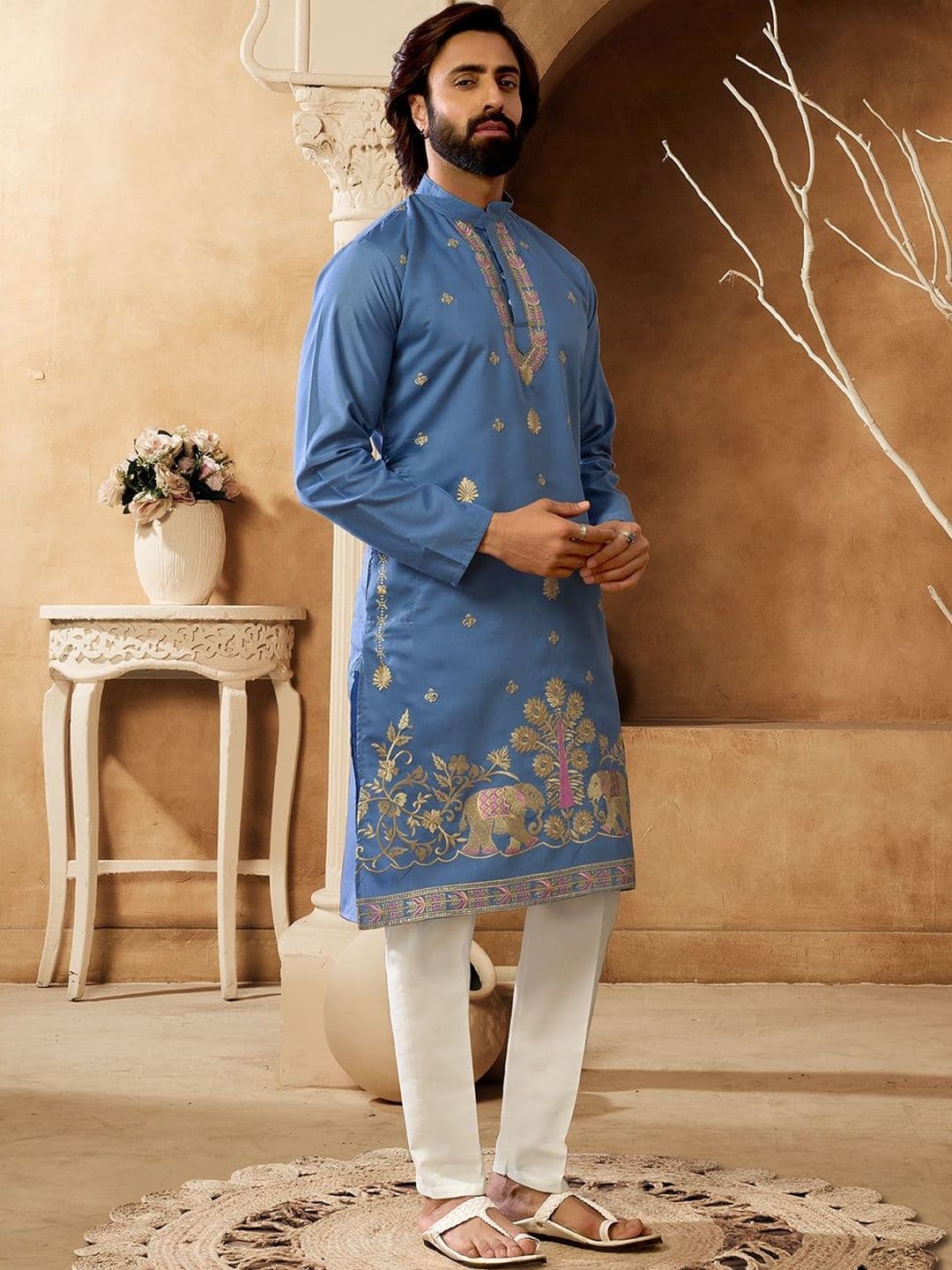 House of Pataudi Embroidered Cotton Mandarin Collar Knee Length Straight Kurtas - view 1