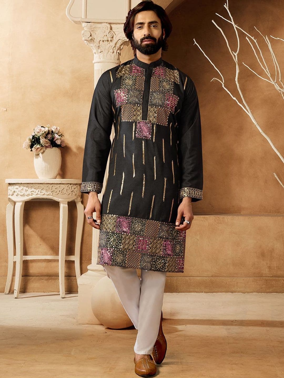 House of Pataudi Embroidered Cotton Mandarin Collar Knee Length Straight Kurtas - view 1