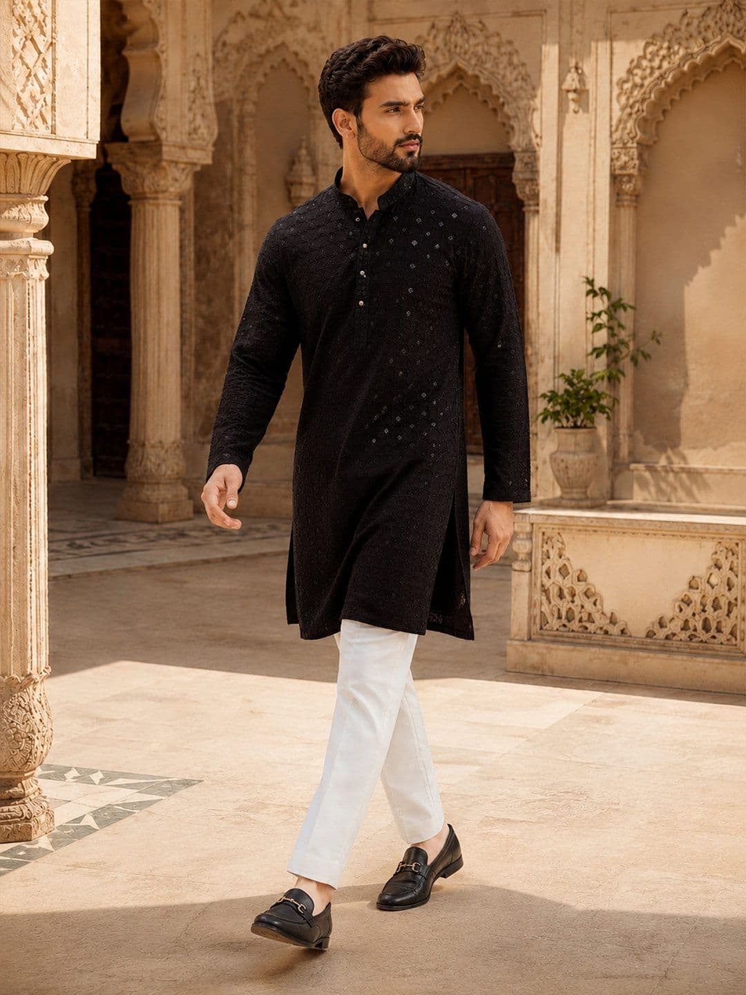 HERE&NOW Geometric Embroidered Sequinned Mandarin Collar Straight Kurta - view 1