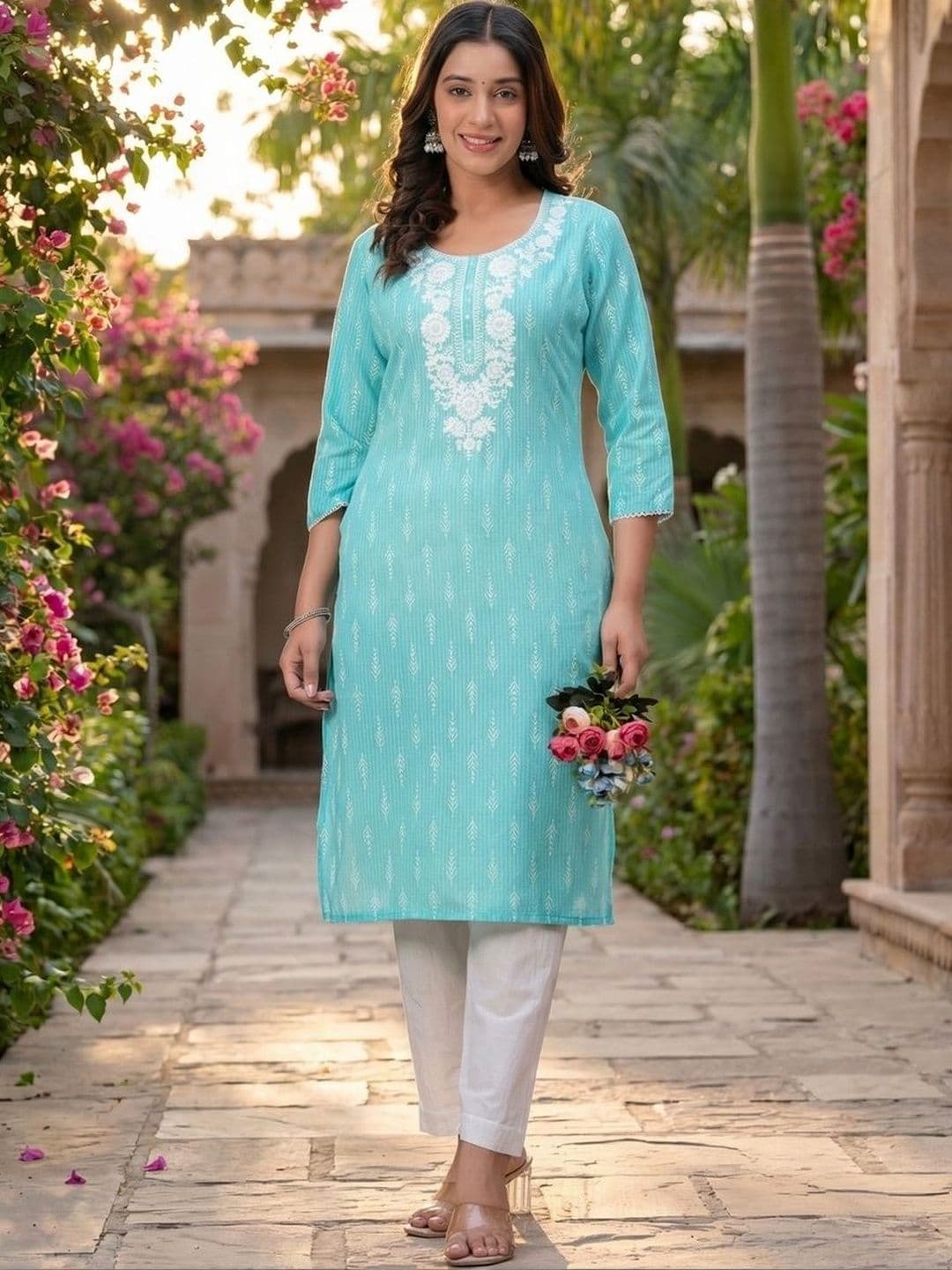 Sarai Women Floral Embroidered Round Neck Cotton Straight Fit Kurta - view 1