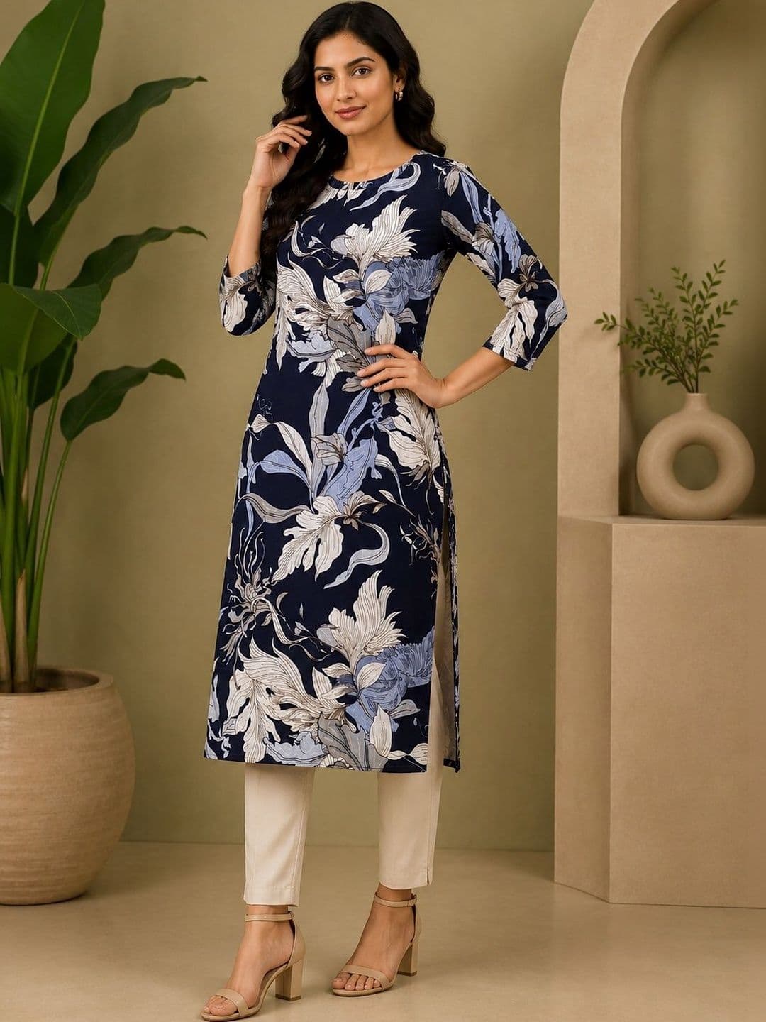 JANKHANA Selection Of 2 Floral Printed Round Neck Straight Kurtas - view 1