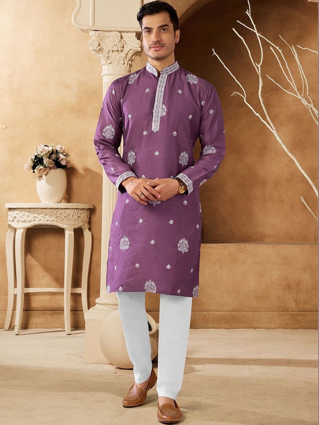 House of Pataudi Embroidered Cotton Mandarin Collar Knee Length Straight Kurtas - view 1