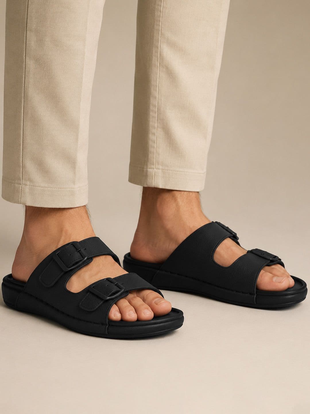 San Frissco Men Black Double Buckle Strap Sandals With Durable Sole And Comfort Insole - view 1