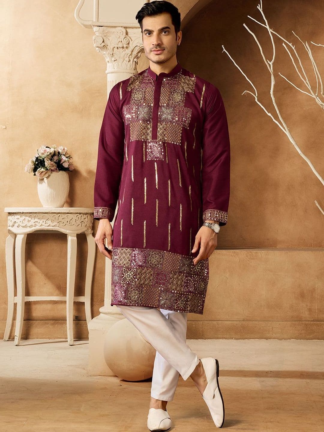 House of Pataudi Embellished Cotton Band Collar Calf Length Straight Kurtas - view 1