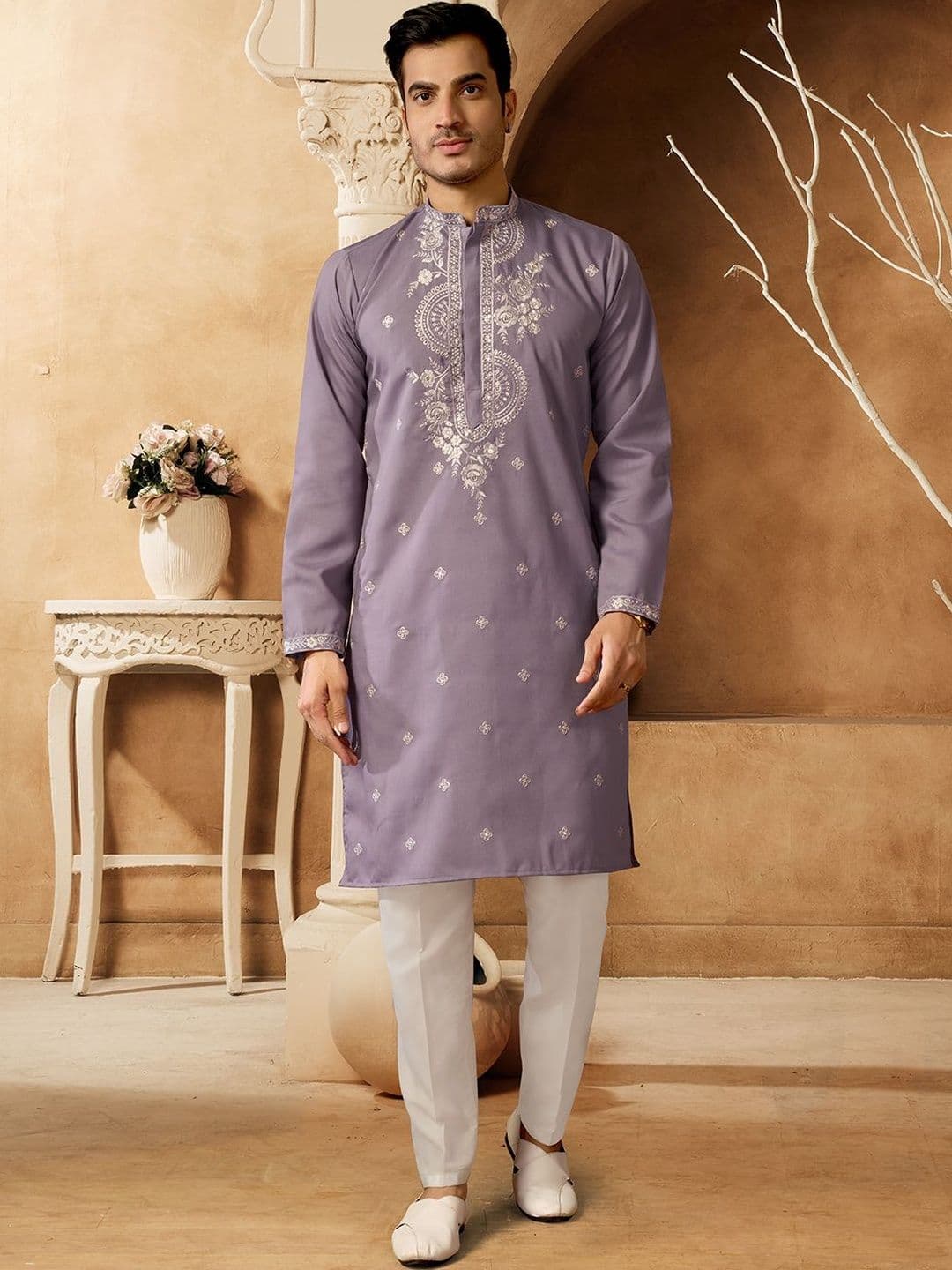 House of Pataudi Embroidered Cotton Mandarin Collar Knee Length Straight Kurtas - view 1