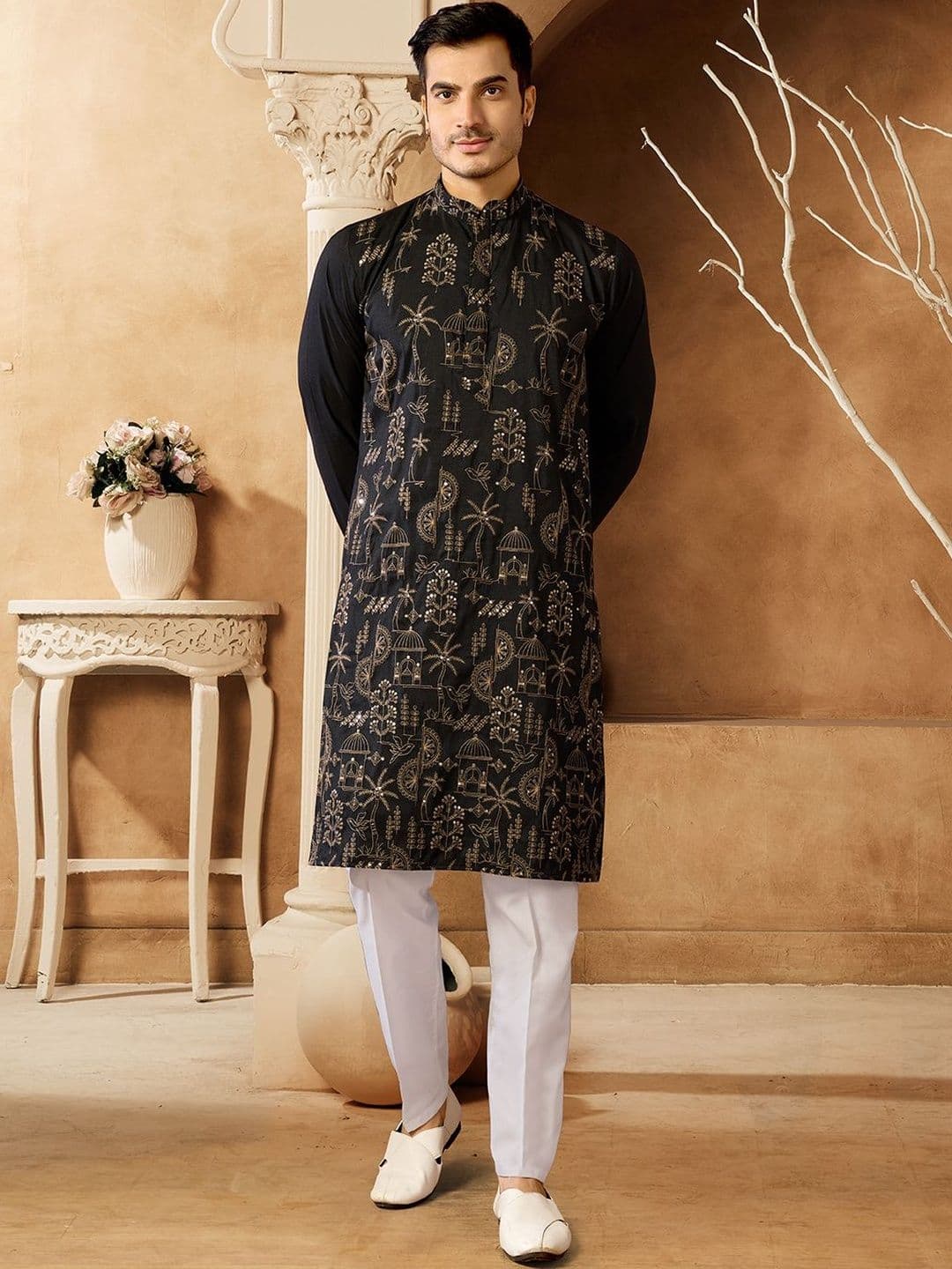 House of Pataudi Embroidered Mandarin Collar Calf Length Straight Kurtas - view 1