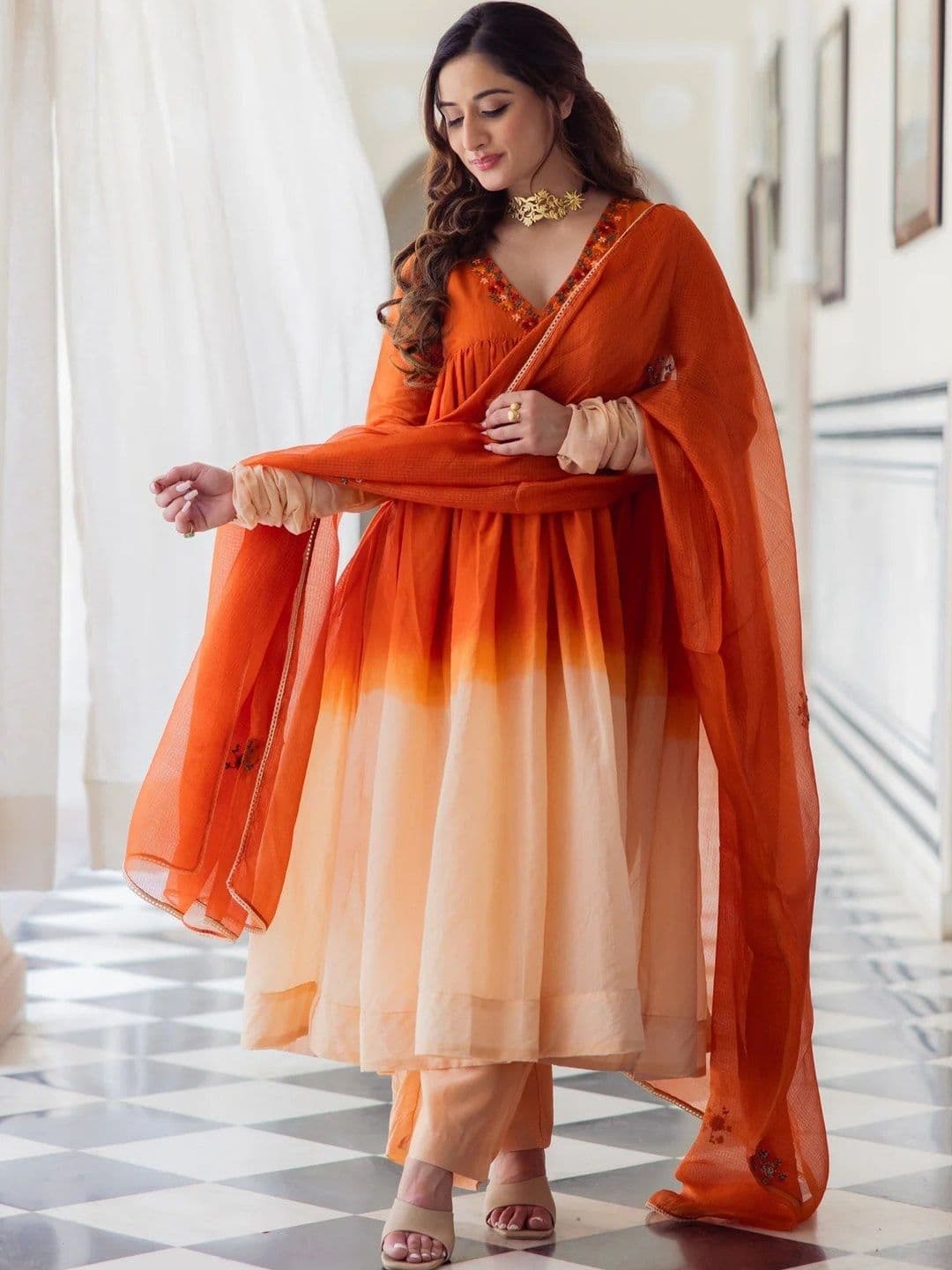 Women Basket Women Ombre Dyed Tiered Thread Work Kurta with Trousers & With Dupatta - view 1