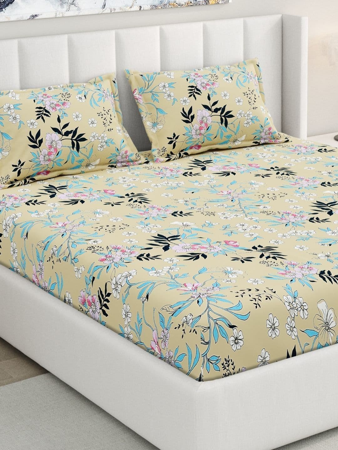 RIVERMOOR Cream-Coloured Floral 200 TC Bedsheet with 2 Pillow Covers - view 1