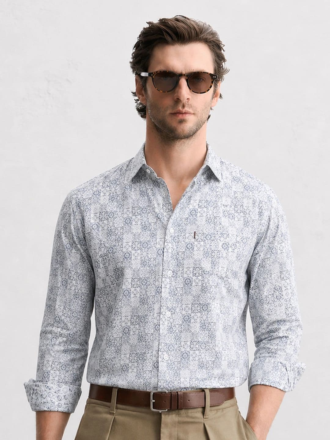 Klub Fox Geometric Printed Spread Collar Slim Fit Cotton Shirt - view 1