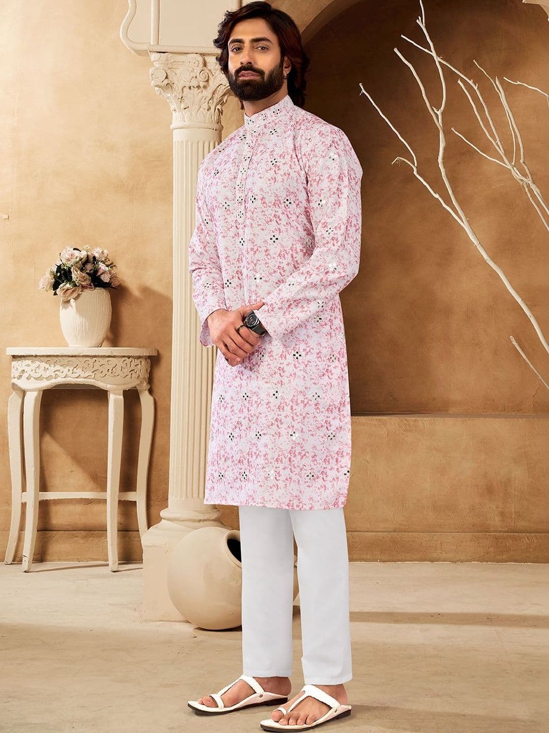 House of Pataudi Embellished Cotton Mandarin Collar Knee Length Straight Kurtas - view 1