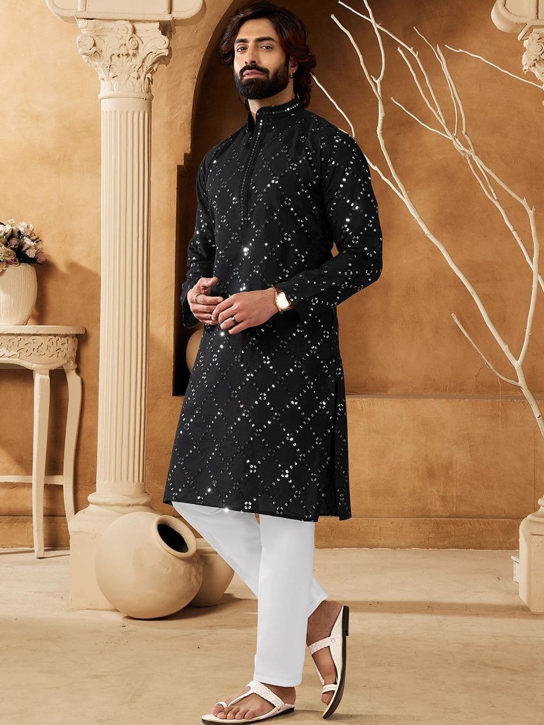 House of Pataudi Embellished Cotton Mandarin Collar Knee Length Straight Kurta - view 1