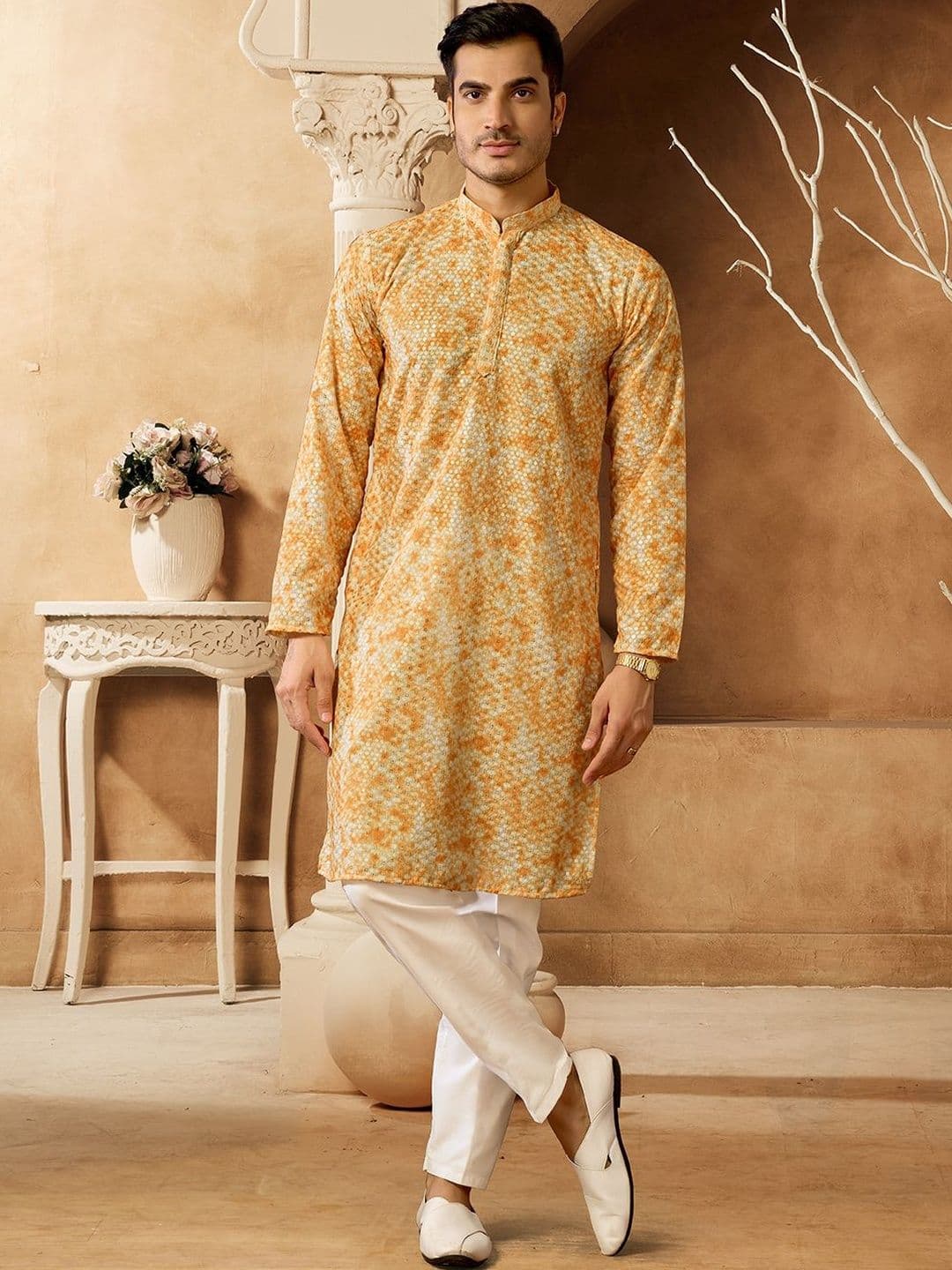 House of Pataudi Embellished Cotton Mandarin Collar Calf Length Straight Kurta - view 1