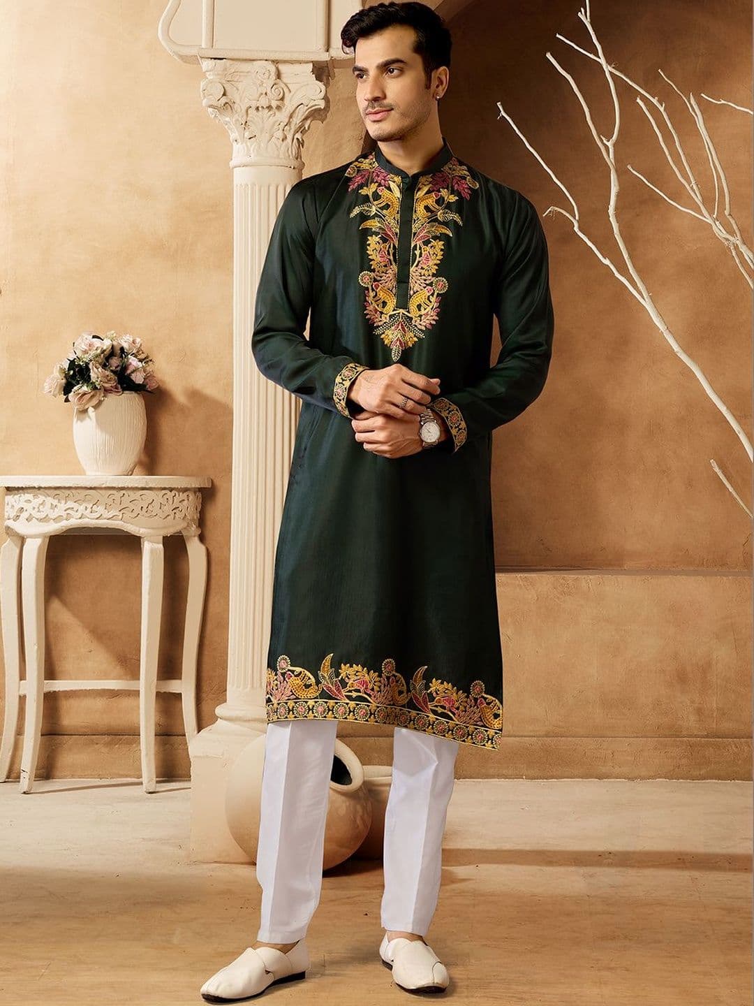 House of Pataudi Embroidered Cotton Mandarin Collar Calf Length Straight Kurta - view 1