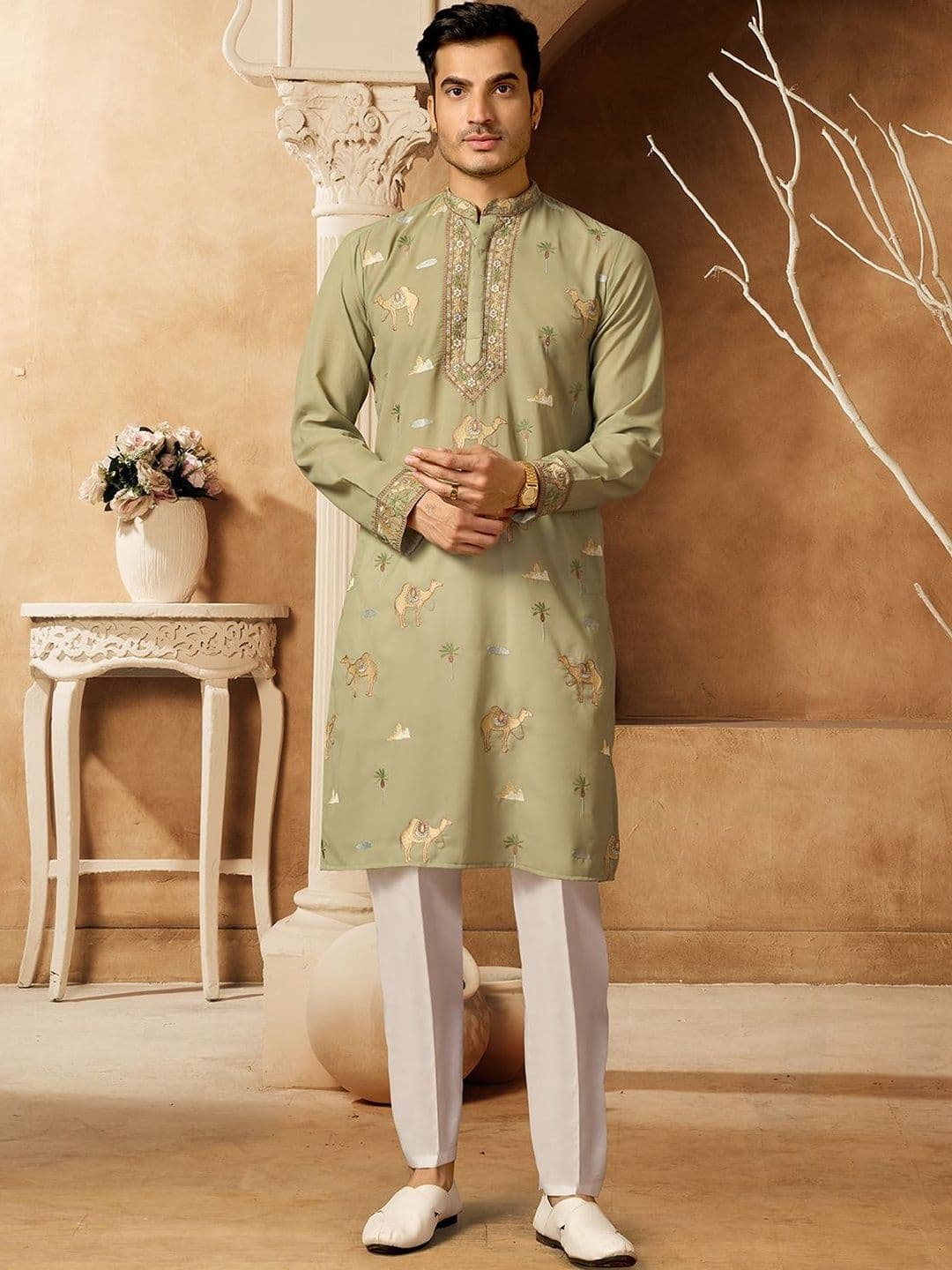 House of Pataudi Embroidered Cotton Mandarin Collar Calf Length Straight Kurtas - view 1