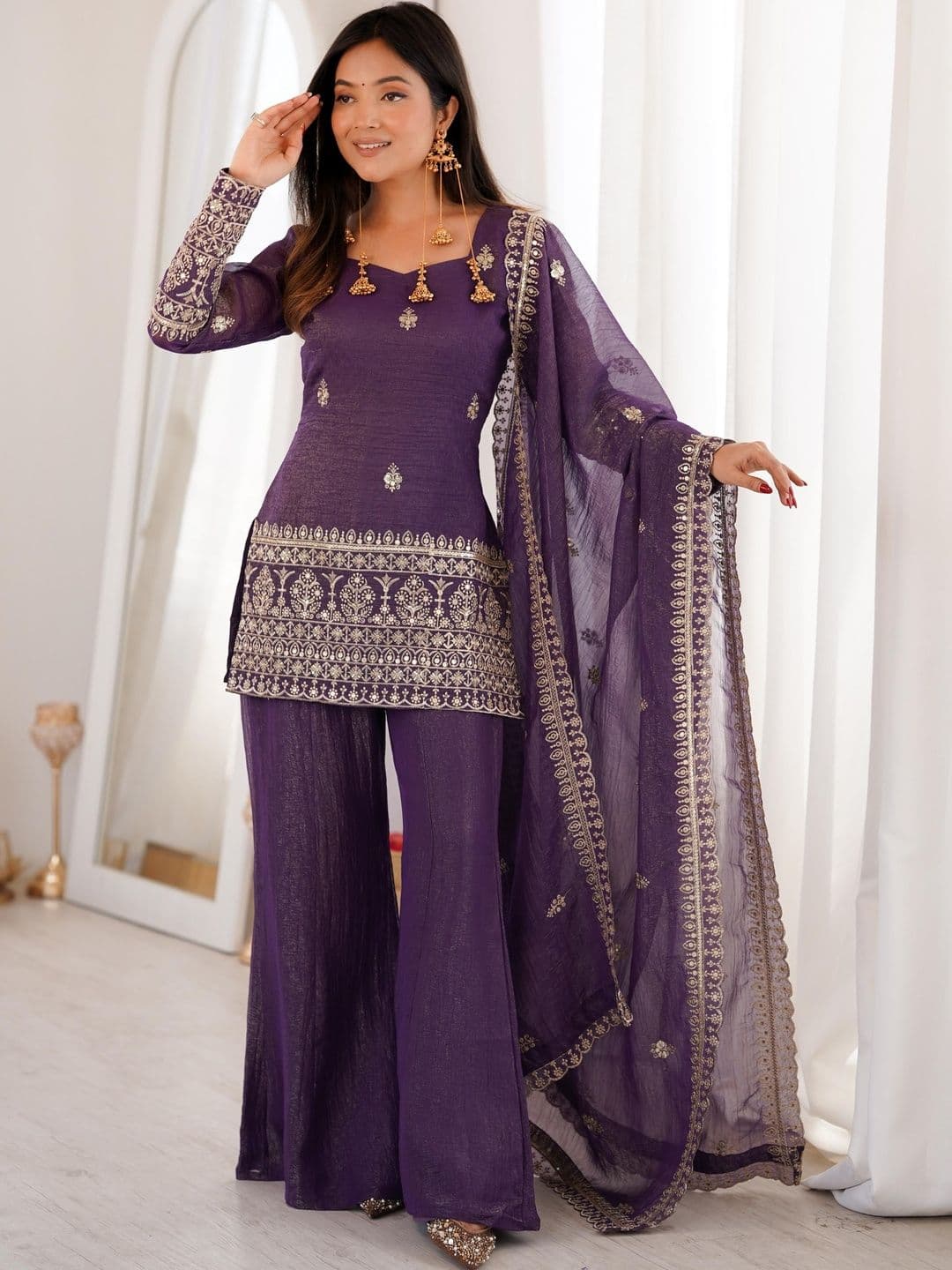 SAJAVAT ETHENIC WEAR Women Ethnic Motifs Embroidered Regular Kurta with Palazzos & With Dupatta - view 1