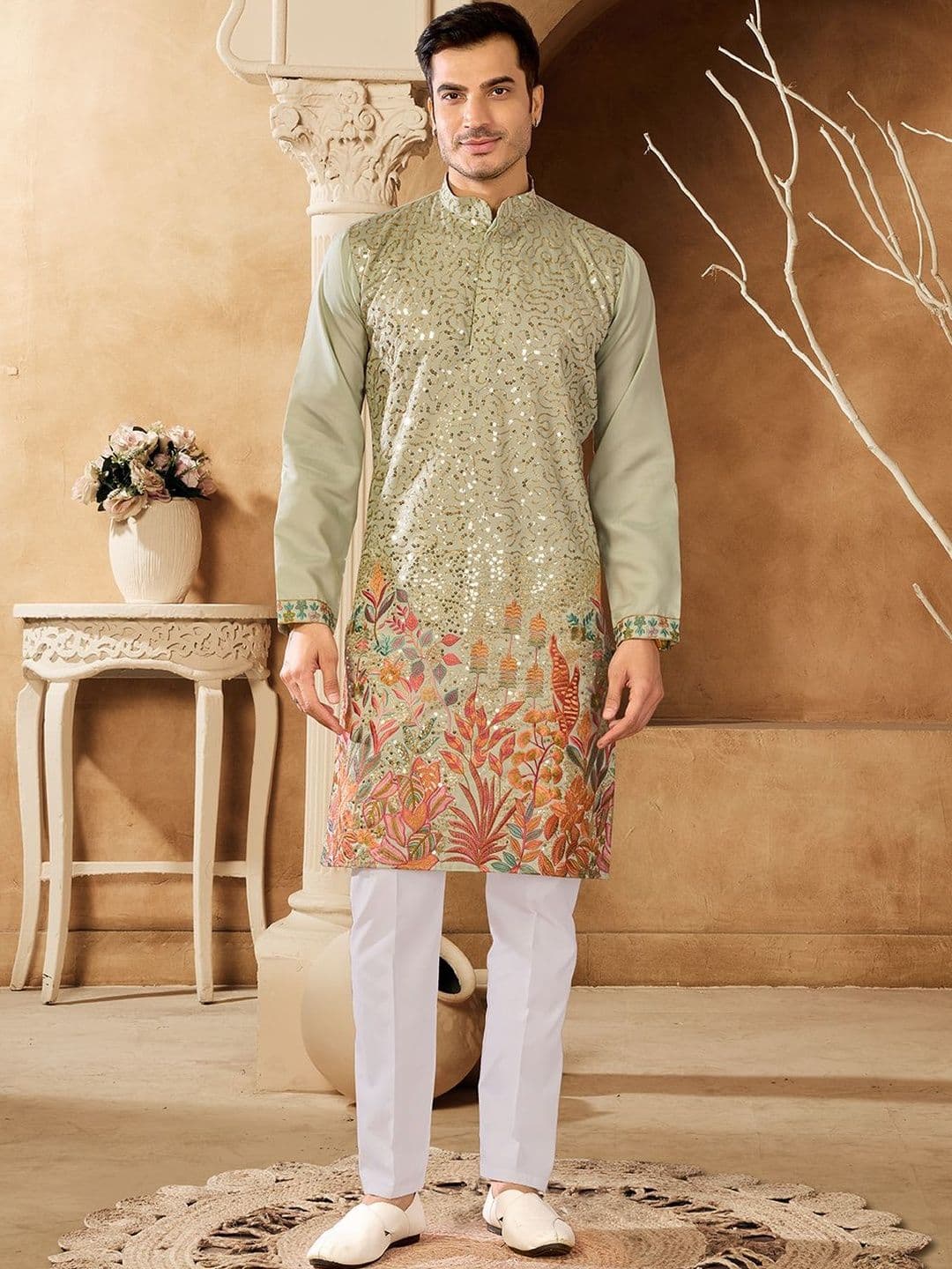 House of Pataudi Embroidered Cotton Mandarin Collar Calf Length Straight Kurtas - view 1