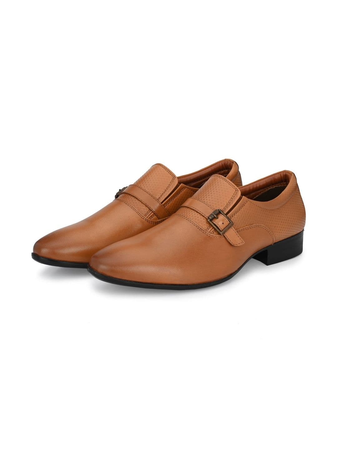 House of Pataudi Men Textured Leather Pointed Toe Buckle Monk Shoes Formal Shoes - view 1