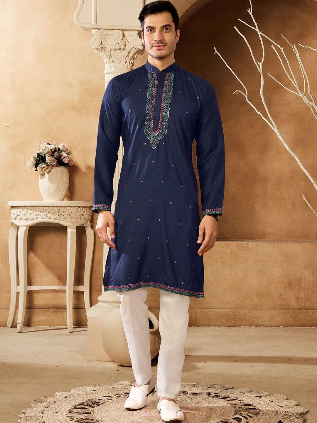House of Pataudi Embroidered Cotton Mandarin Collar Knee Length Straight Kurta - view 1