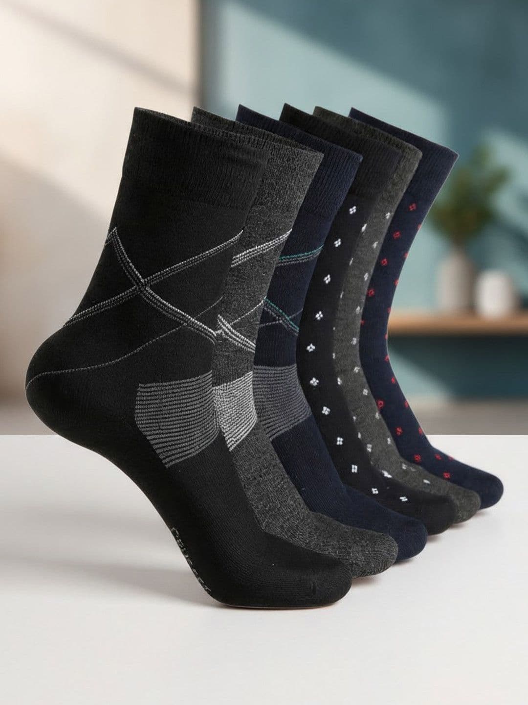 CRUSSET Pack of 6 Men Assorted Patterned Calf Length Formal Socks