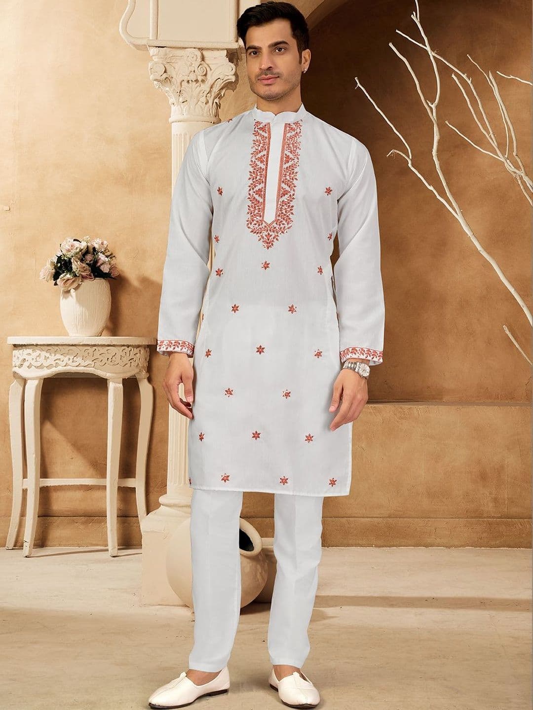 House of Pataudi Embroidered Cotton Mandarin Collar Calf Length Straight Kurtas - view 1