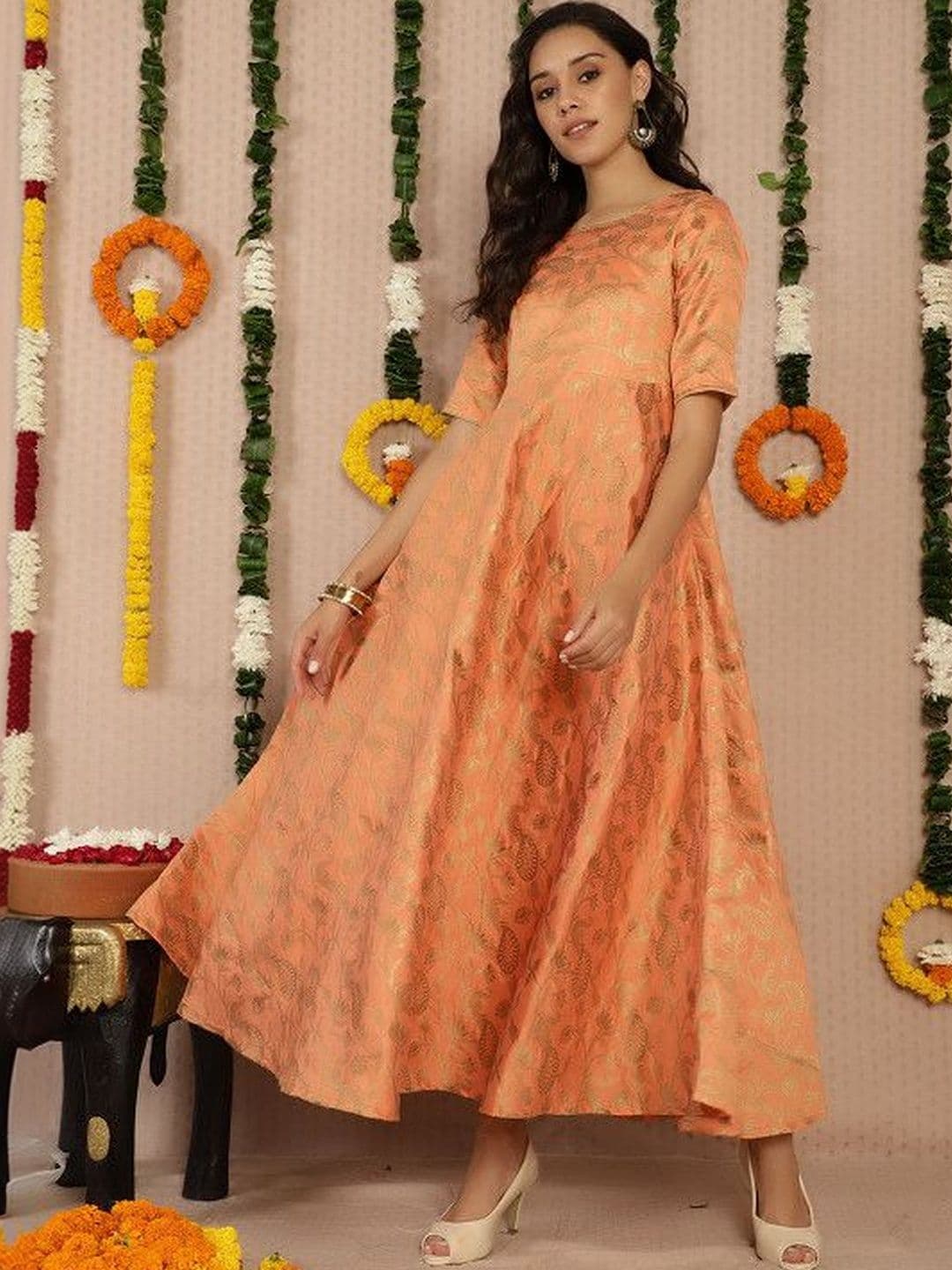Sangria Woven Design Round Neck Maxi Ethnic Dress - view 1