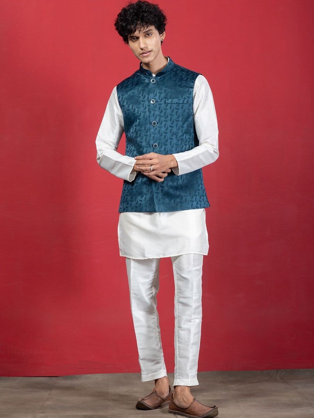 EKYAA Woven Design Mandarin Collar Nehru Jackets - view 1