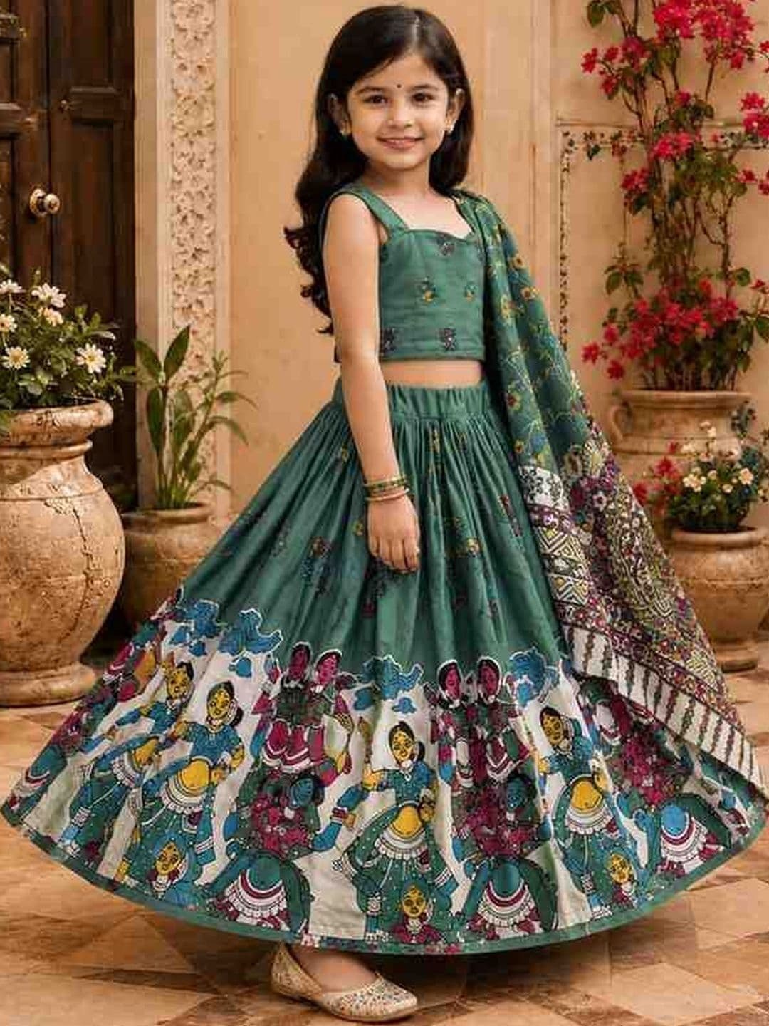 KALINI Girls Printed Block Print Ready to Wear Lehenga & Blouse With Dupatta - view 1
