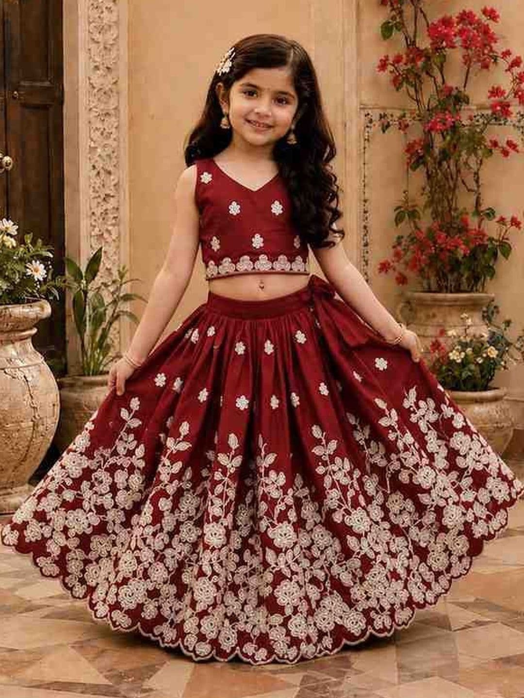 KALINI Girls Embroidered Thread Work Semi-Stitched Lehenga & - view 1