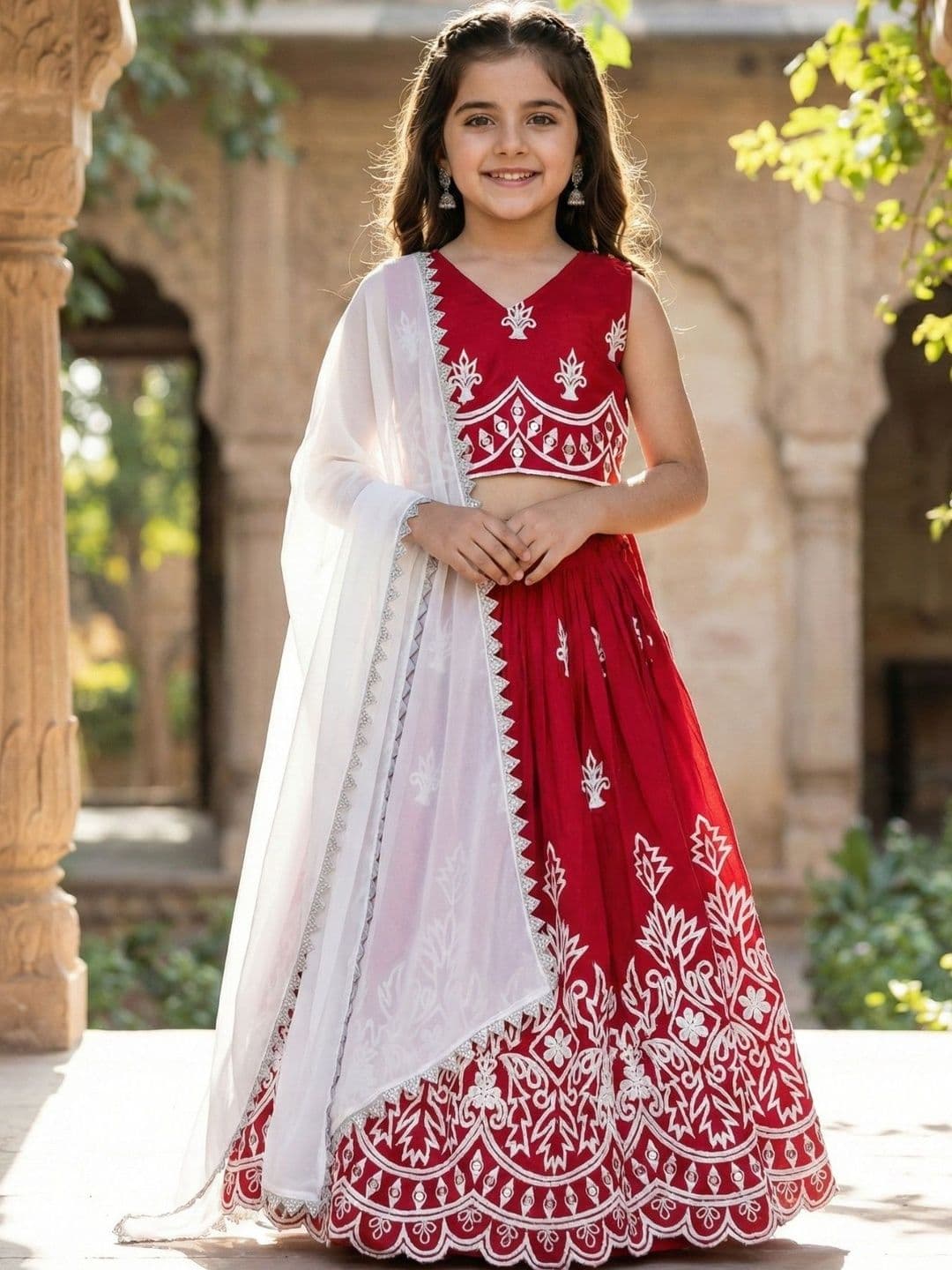 KALINI Girls Embroidered Thread Work Ready to Wear Lehenga & Blouse With Dupatta - view 1