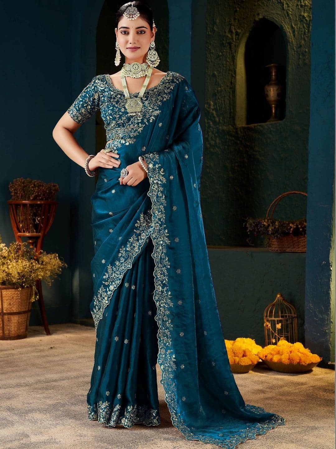 VEERAIVA Embellished Embroidered Satin Heavy Work Banarasi Saree - view 1