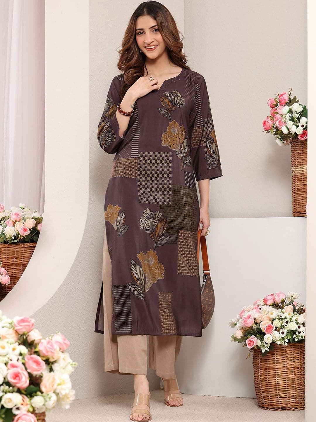 Libas Taupe Abstract Printed Straight Kurta - view 1