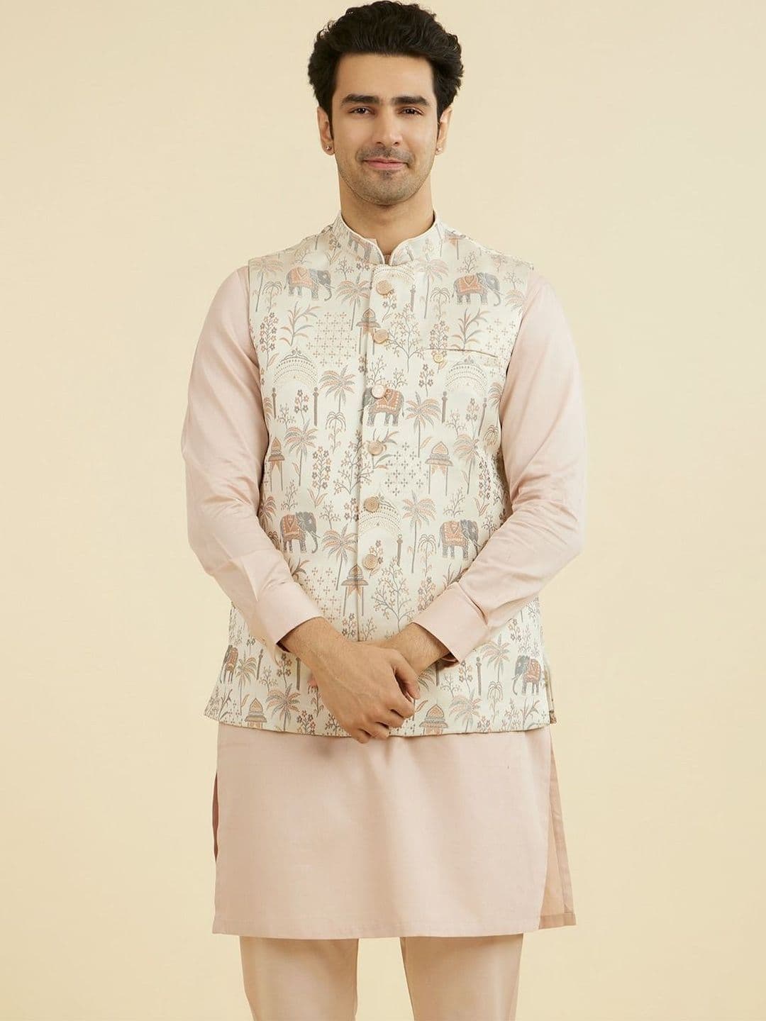 Manyavar Printed Mandarin Collar Nehru Jackets - view 1