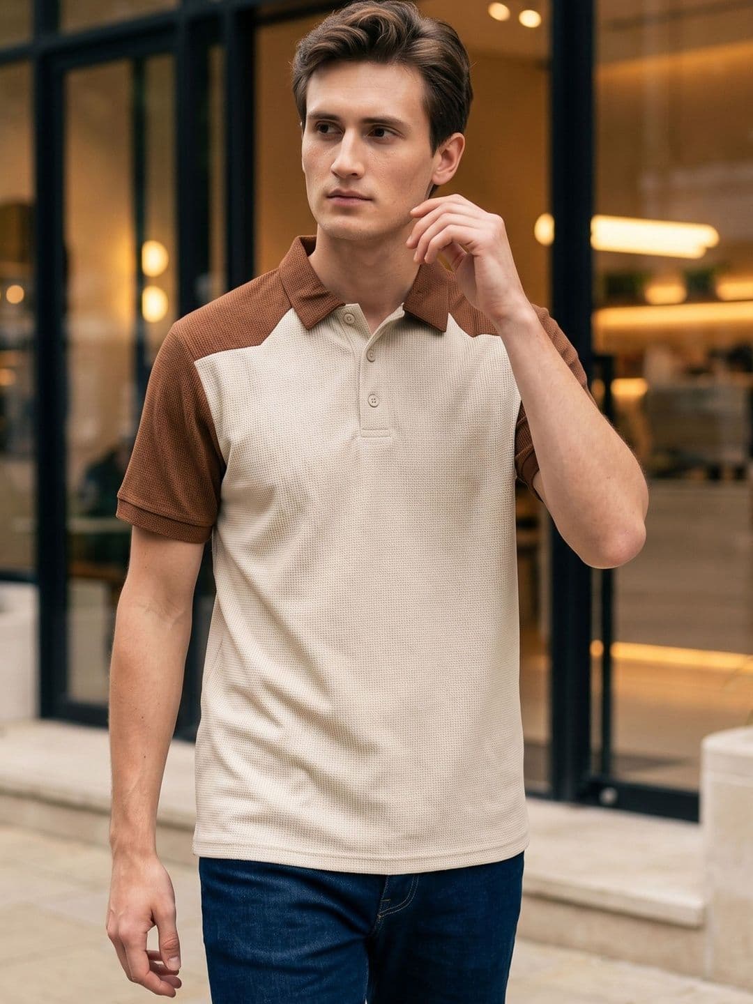 N AND J Men Colourblocked Polo Collar Cut Outs Slim Fit T-shirt - view 1