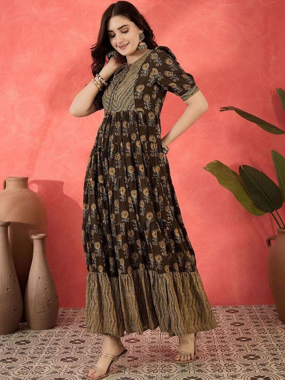 AKS Printed Round Neck Fit & Flare Ethnic Dresses - view 1
