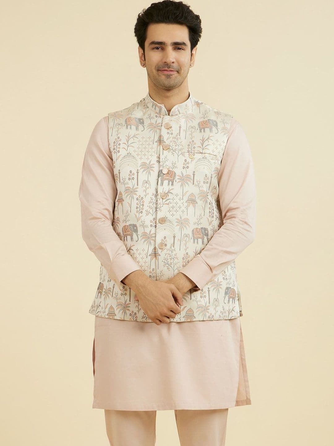 Manyavar Printed Mandarin Collar Nehru Jackets - view 1
