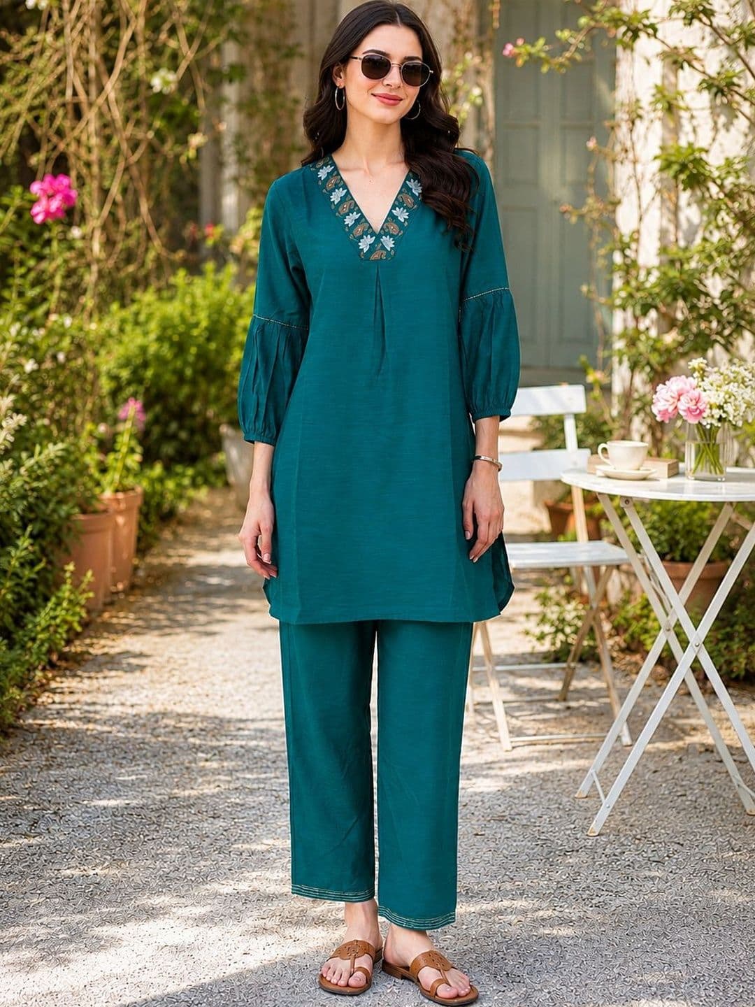 Nayam By Lakshita Solid Embroidered Tunic with Trousers Cotton Co-Ord Set - view 1