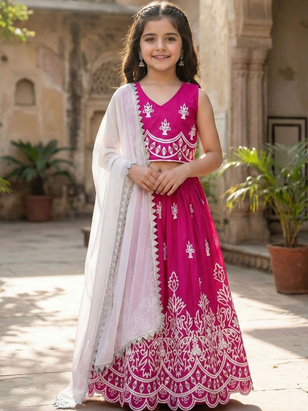 KALINI Girls Embroidered Thread Work Semi-Stitched Lehenga & Blouse With Dupatta - view 1
