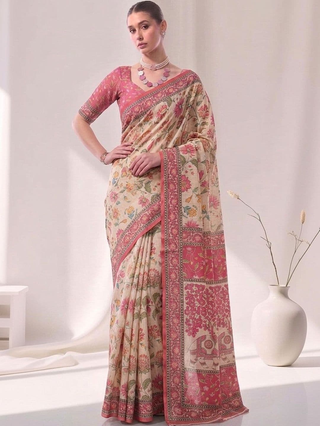 SZN Floral Printed Cotton Linen Khadi Saree With Blouse Piece - view 1