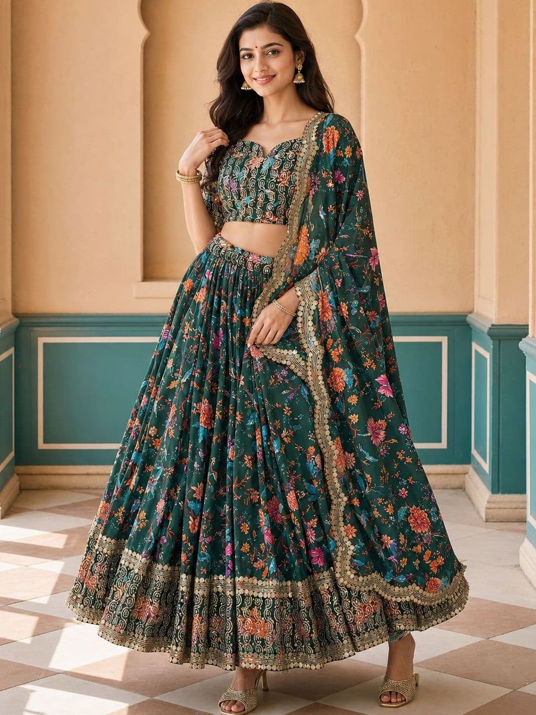 Kaizen TEXO FAB Embellished Sequinned Kalamkari Semi-Stitched Lehenga & Blouse With Dupatta - view 1