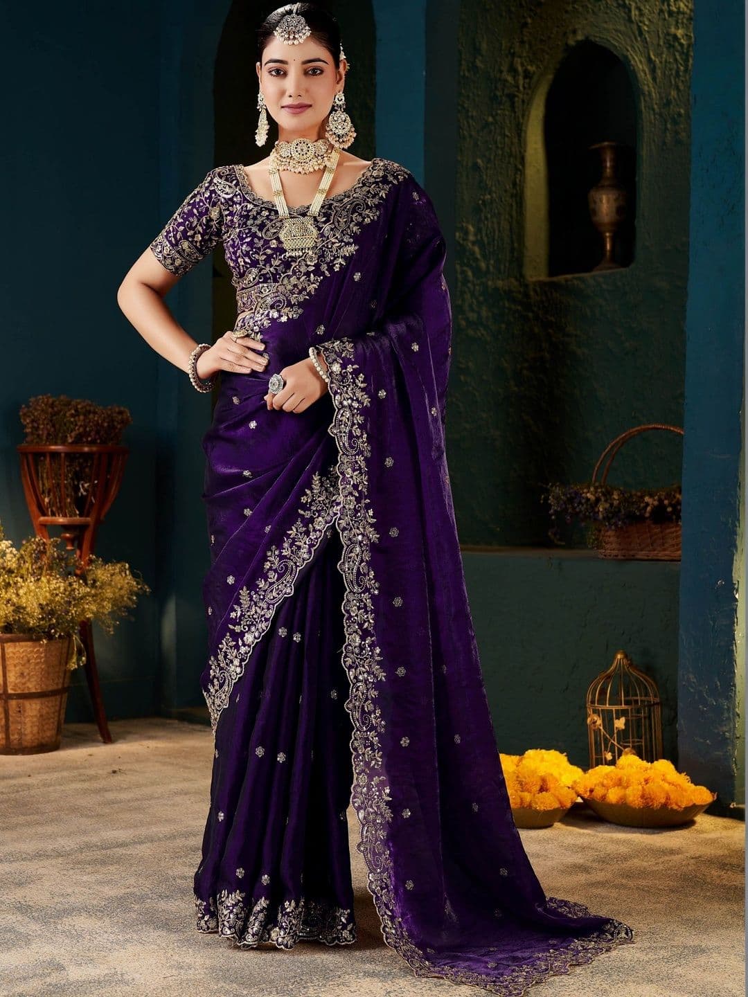 Dungri Ethnic Motifs Embroidered Satin Heavy Work Banarasi Saree - view 1