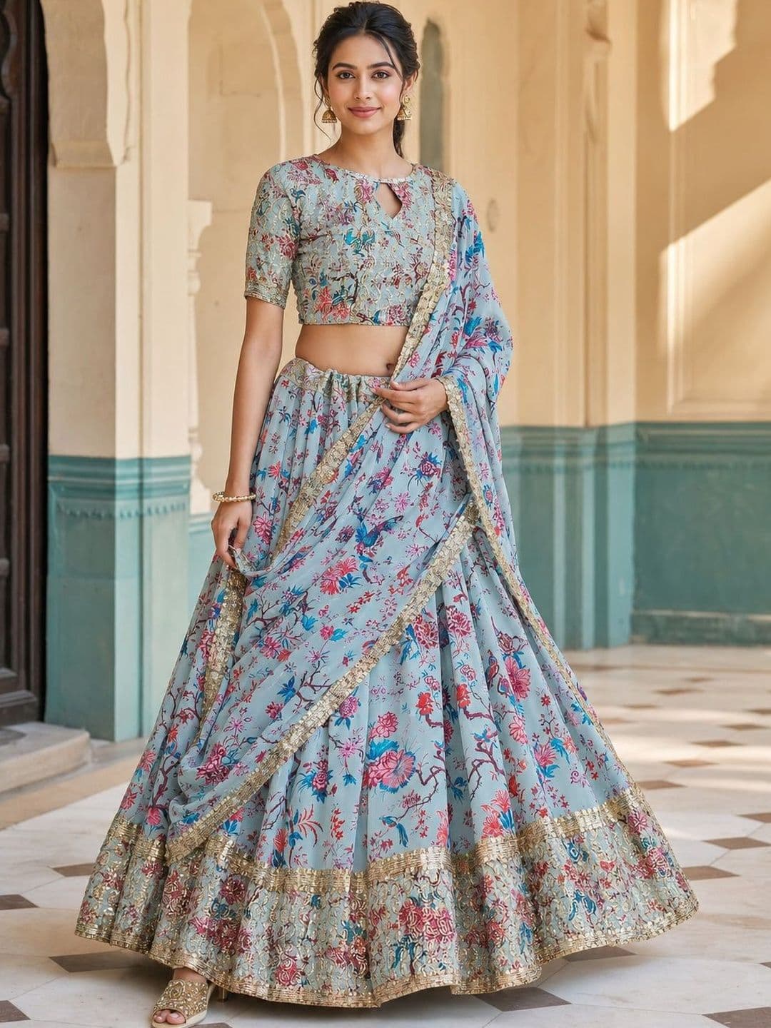 Kaizen TEXO FAB Printed Sequinned Kalamkari Semi-Stitched Lehenga & Unstitched Blouse With Dupatta - view 1