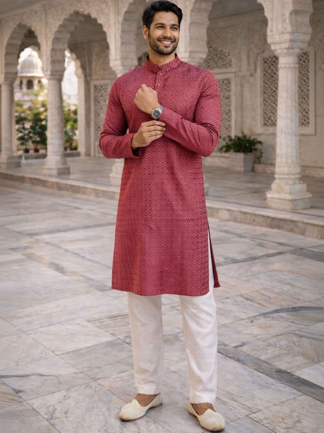 SOURAGYA Woven Design Mandarin Collar Straight Kurta - view 1