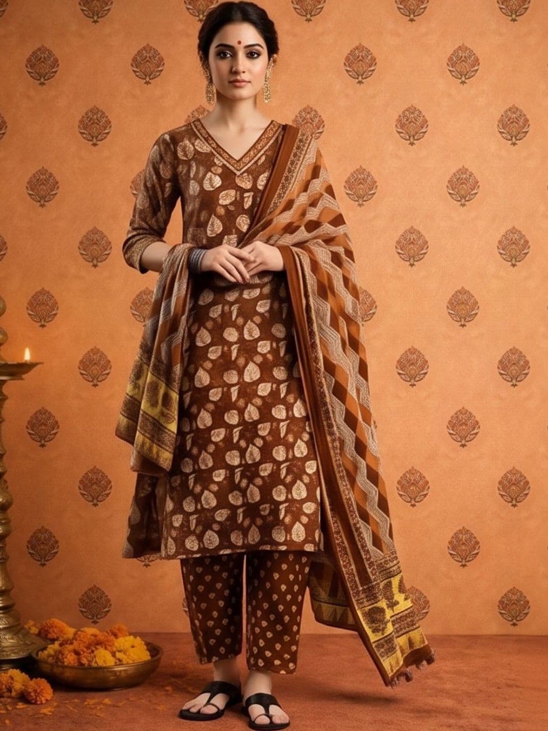 SOURAGYA Women Ethnic Motifs Printed Regular Thread Work Pure Cotton Kurta with Trousers & With Dupatta - view 1