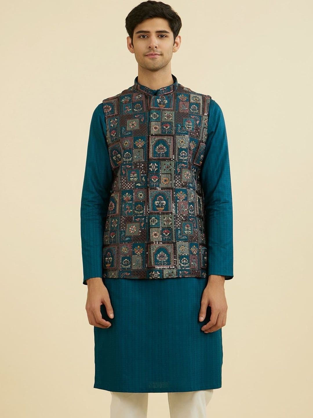 Manyavar Printed Mandarin Collar Nehru Jackets - view 1