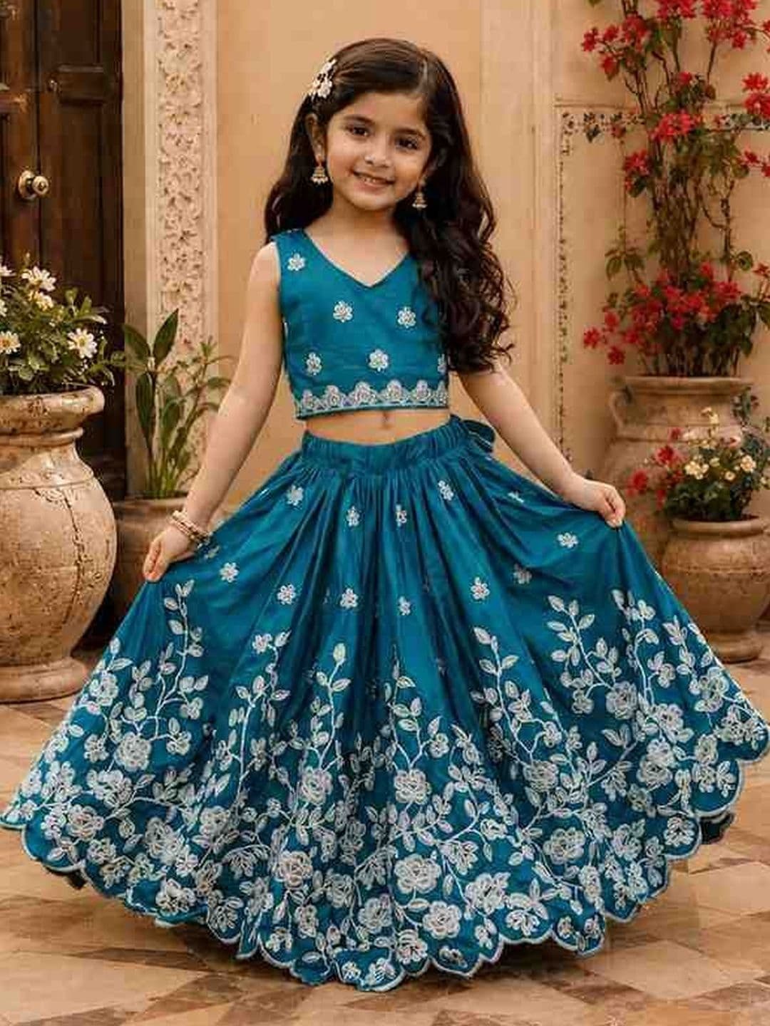 KALINI Girls Embroidered Thread Work Tie and Dye Ready to Wear Lehenga & - view 1