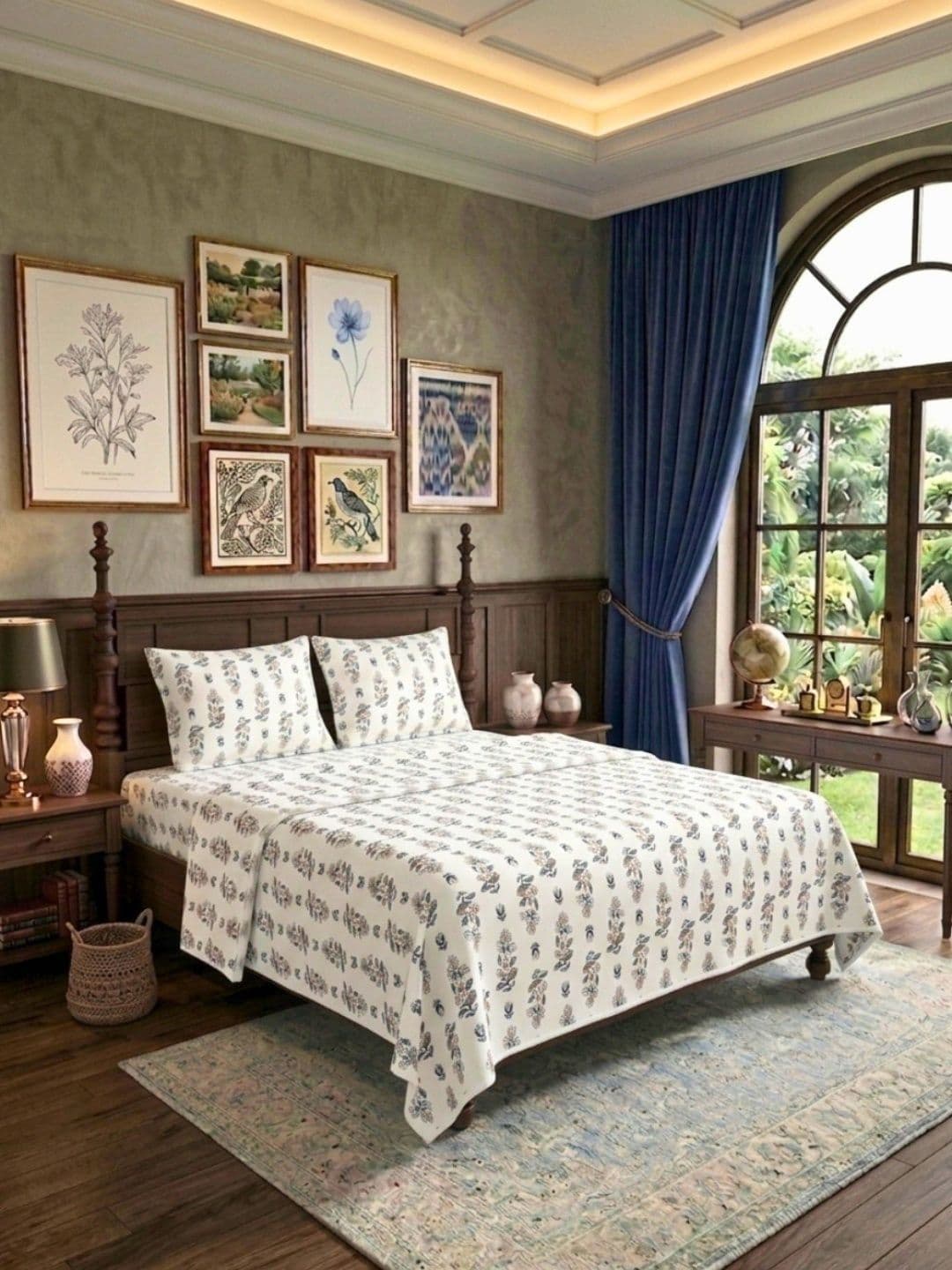 JAIPUR FABRIC Grey & White Ethnic Motifs Cotton 4 Piece Double Queen Superfine Bedding Set - view 1