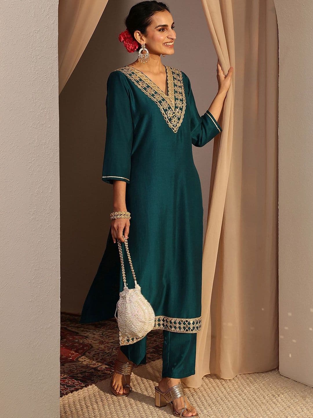 Libas Teal Embroidered Straight Kurta Set - view 1