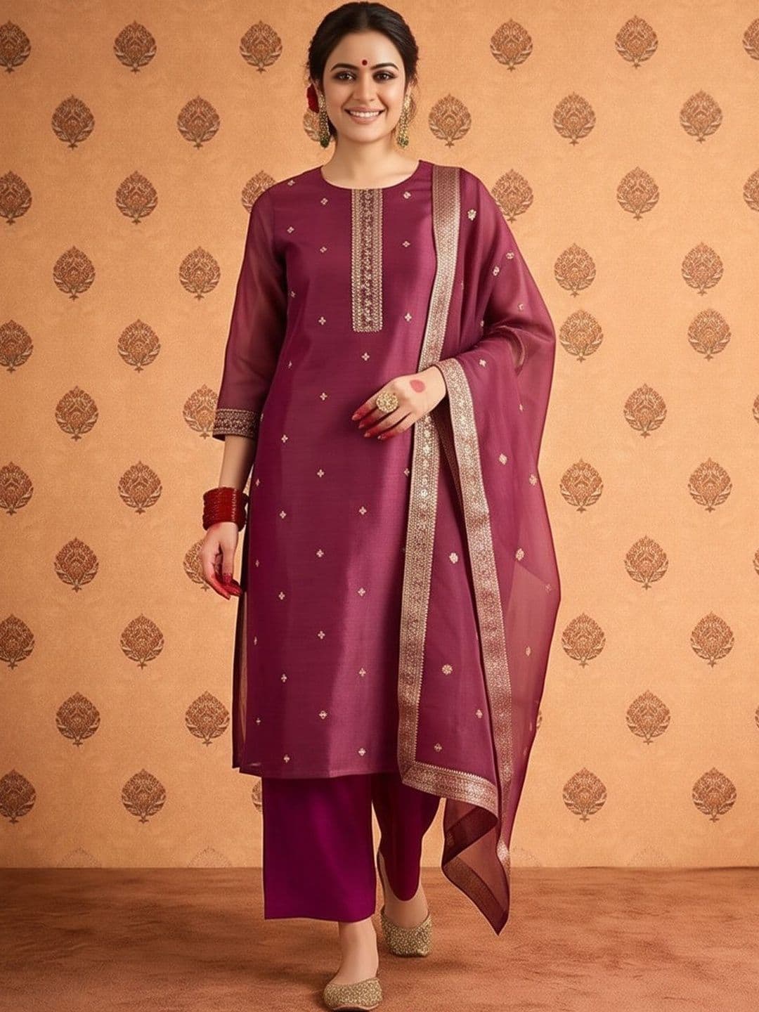 SOURAGYA Women Ethnic Motifs Embroidered Regular Chanderi Cotton Kurta with Trousers & With Dupatta - view 1