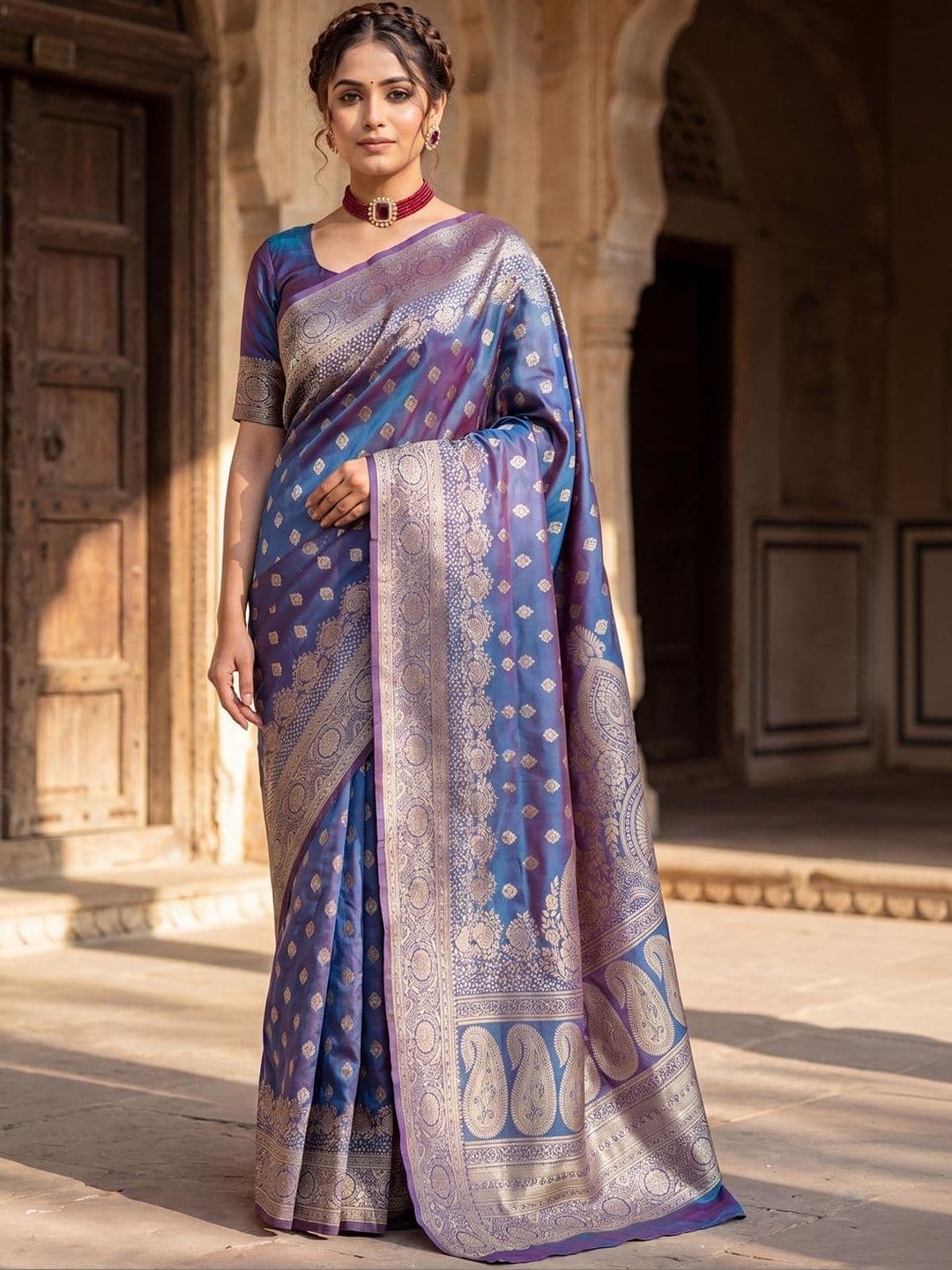 KALINI Blue Paisley Zari Banarasi Saree Unstiched Blouse - view 1
